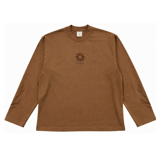Brown long-sleeve shirt with a logo on a white background