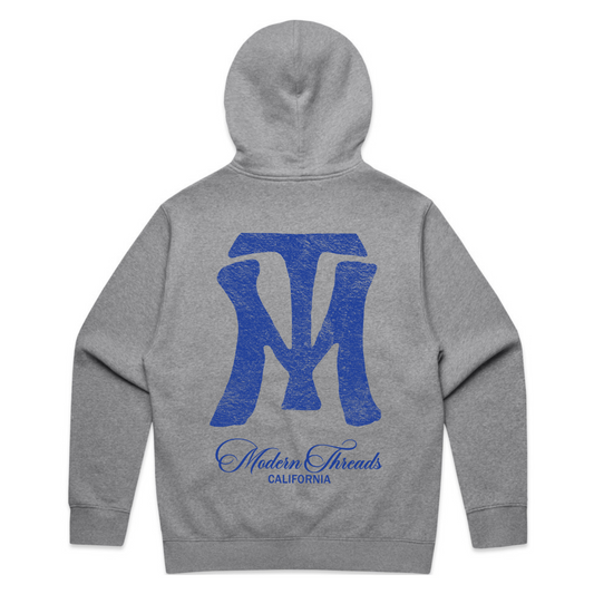 Gray hoodie with blue logo and text on the back against a white background