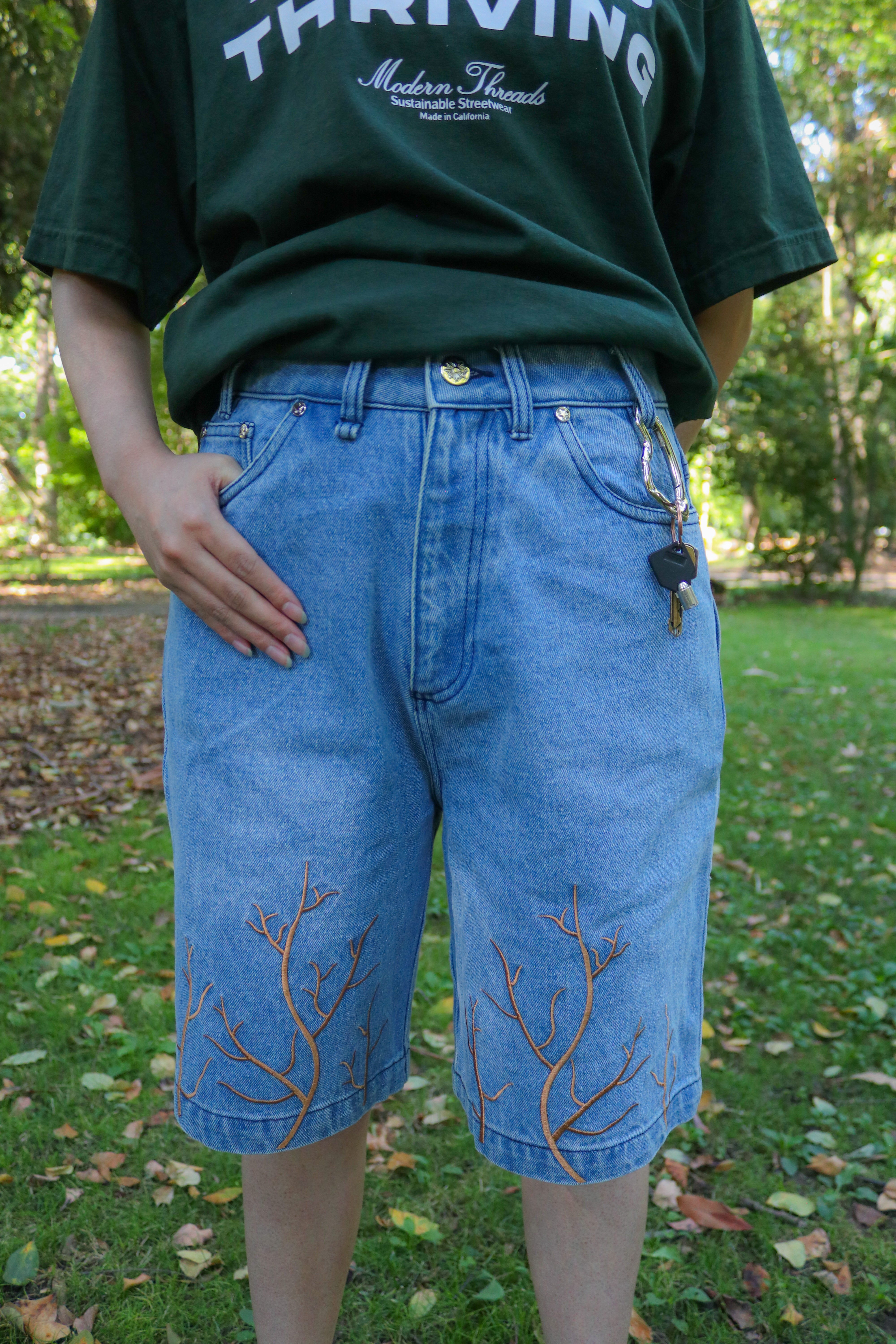 Embroidered Jorts Roots | Organic Cotton Denim Shorts | Modern Threads
