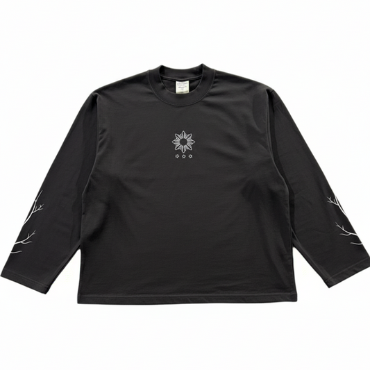 Black long-sleeve shirt with a logo on a white background