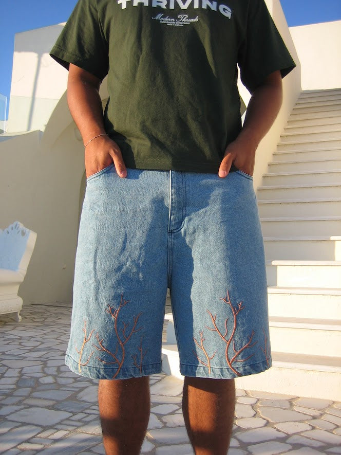 Embroidered Jorts Roots | Organic Cotton Denim Shorts | Modern Threads