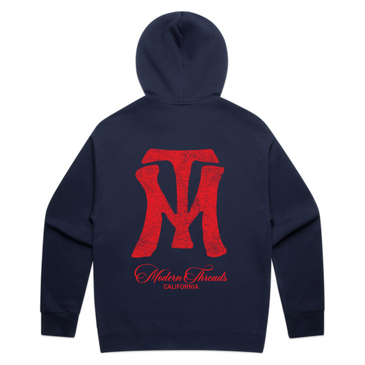 Navy hoodie with red logo on the back on a white background