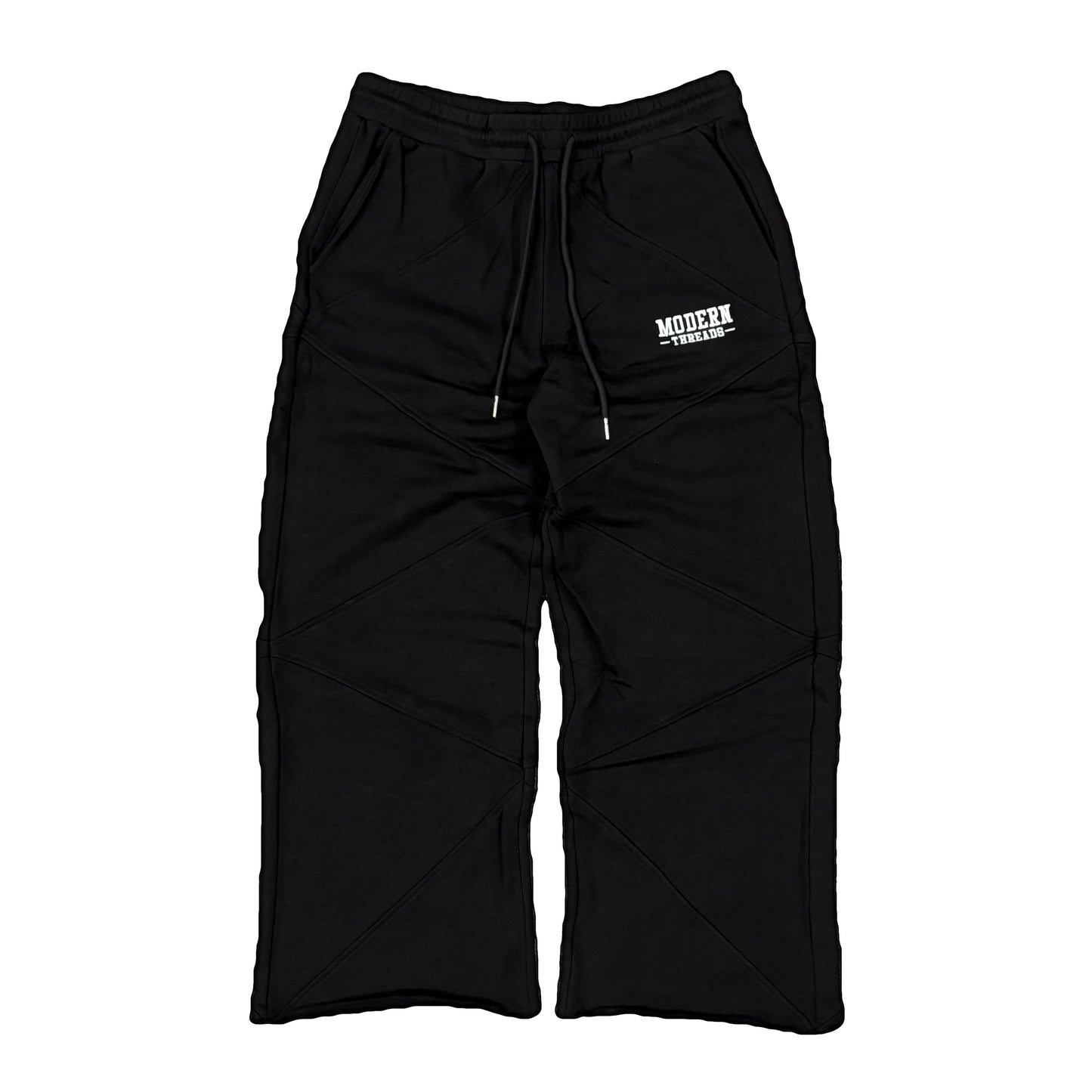 A pair of black relaxed wide-leg sweatpants with a drawstring waistband and pockets, made from recycled cotton.