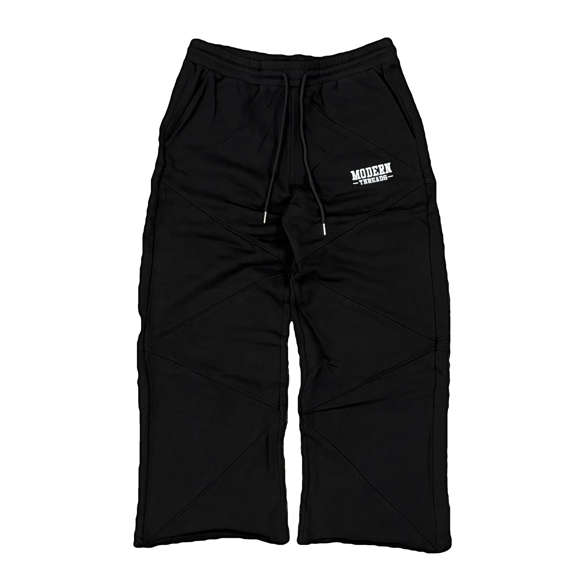 A pair of black relaxed wide-leg sweatpants with a drawstring waistband and pockets, made from recycled cotton.