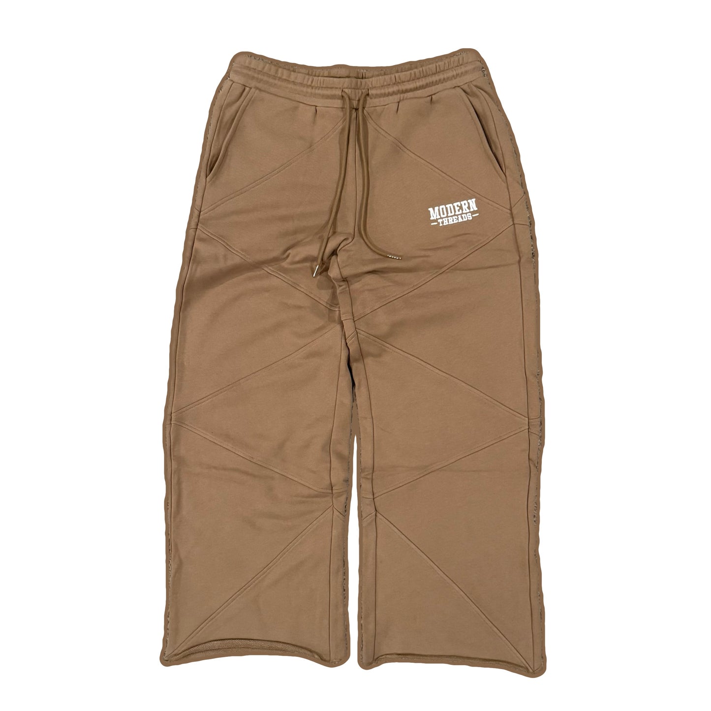 A pair of brown relaxed wide-leg sweatpants with a drawstring waistband and pockets, made from recycled cotton.